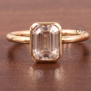 Emerald Bezel Moissanite Solitaire Ring,14K Yellow Gold Anniversary Ring Emerald Bezel Setting Statement Ring Wedding Ring Anniversary Gift