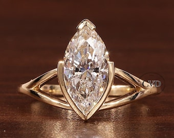 IGI Certified 2CT Marquise Cut Lab Created Engagement Ring, Solitaire Half Bezel Set Ring, 14KGold Marquise Cut Split Shank Lab Grown Ring
