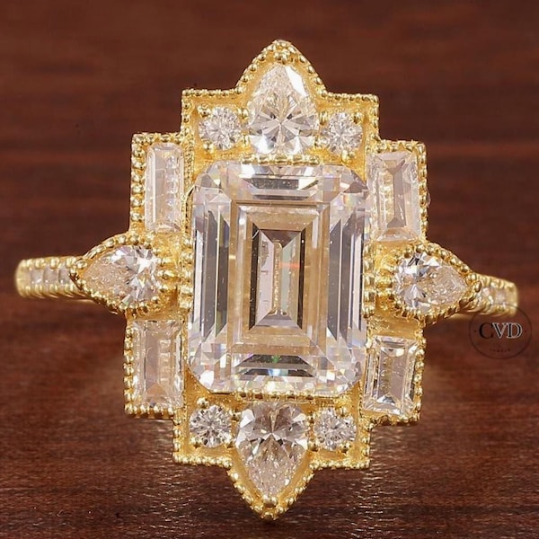 Emerald Cut Lab Grown Diamond Ring, Sunburst Halo Engagement Ring, Art Deco Bridal Ring, 2.5CT CVD Diamond Vintage Wedding Ring