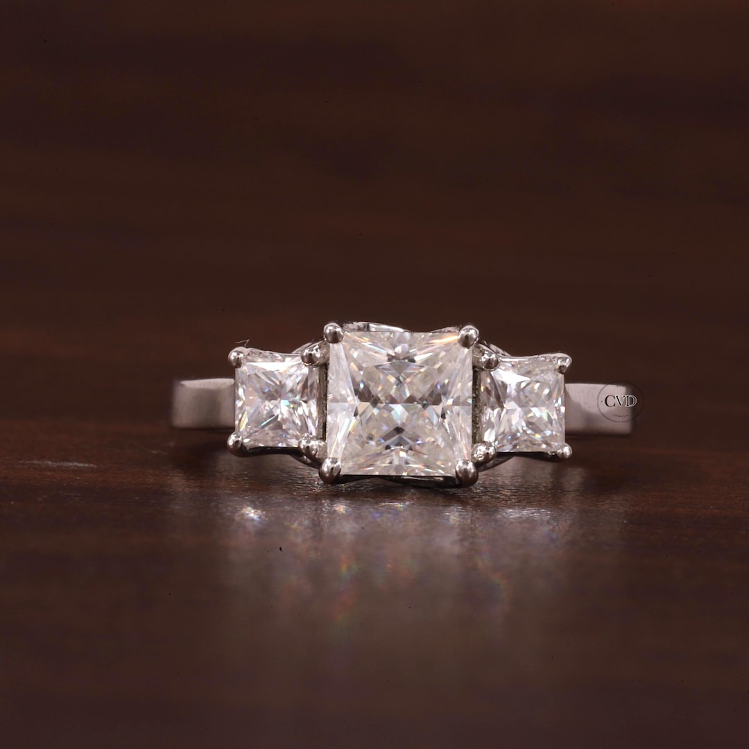 Three Stone Engagement Ring, Princess Cut Lab Created Diamond Wedding ...