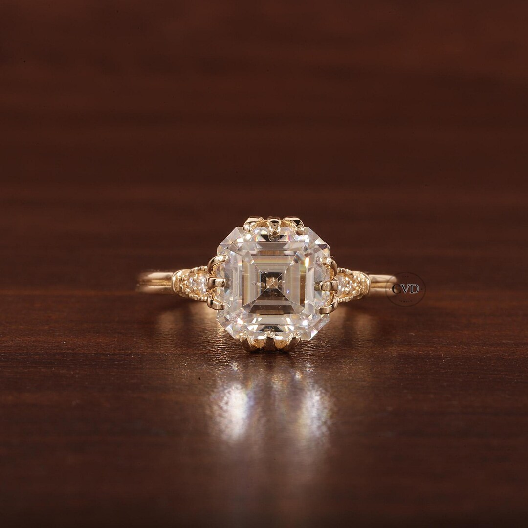 Asscher Cut Moissanite Engagement Ring 14K Yellow Gold Anniversary Ring ...