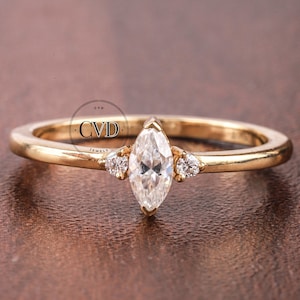Three Stone Lab Grown Diamond Engagement Ring,0.10CT Marquise & Round Cut IGI Certified Diamond Ring,14K Gold Lab Grown Diamond Wedding Ring