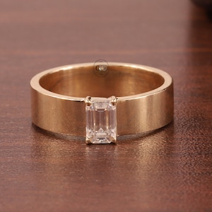 Emerald Cut Moissanite Ring,Vintage Wedding Band For Women,14K Yellow Gold Cigar Band, Bridal Stacking Band Anniversary Gift Thick Wide Band