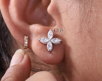 2 TCW Marquise Lab Grown Diamond Earrings, Floral Stud Earrings, 14K Solid Gold Flower Earrings, Screw Back Wedding Gift for Her