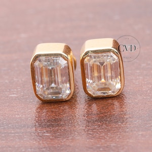 Full Bezel Set Emerald Solitaire Wedding Anniversary Earrings, Sparky 3 TCW Emerald Cut Moissanite Stud Earrings, Screw Back Style Earrings