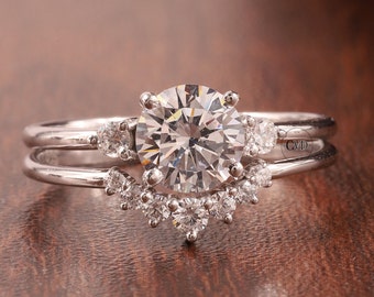 Moissanite Engagement Ring Set 14K White Gold Wedding Ring Set Unique Cluster Three Stone For Women Curved Diamond Wedding Anniversary Gift
