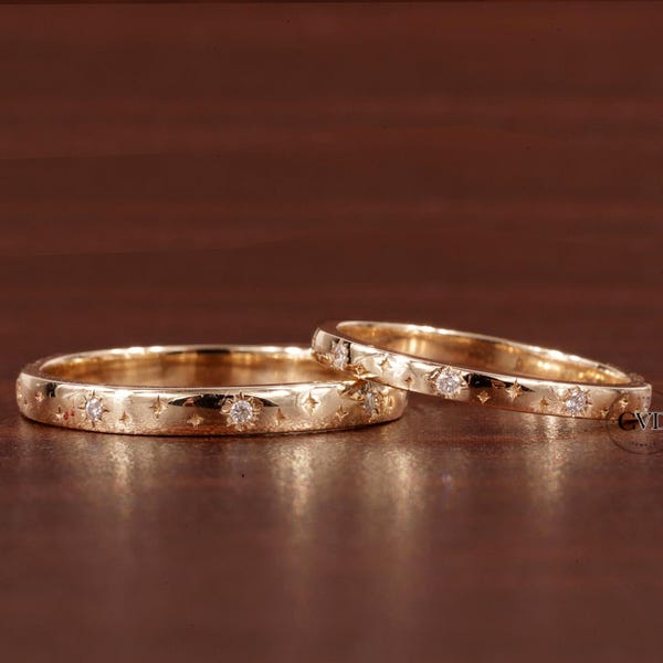 Moissaniet Starburst trouwring, 14k massief gouden sierlijke sterinstelling verjaardag band, hemelse ring vrouwen effenen, bijpassende band cadeau