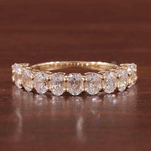 Oval Cut Moissanite Half Eternity Band,Yellow Gold Moissanite Wedding Band,Oval Women&#39;s Band For Anniversary Gift,Tiny Oval Minimalist Band