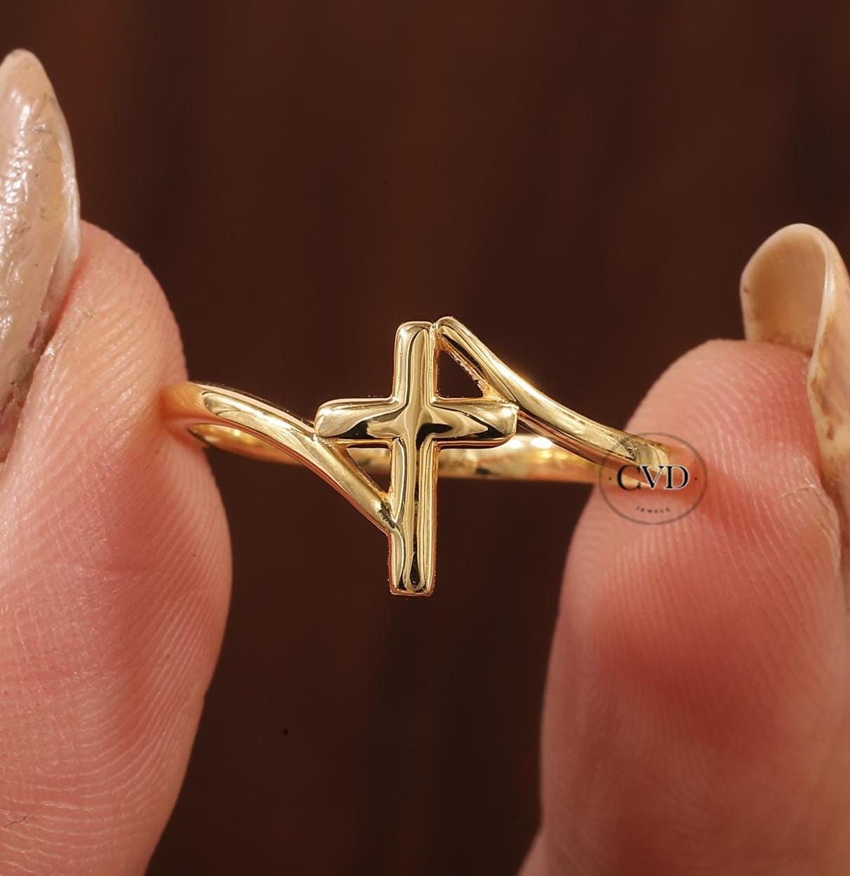 14K Solid Gold Ring Cross Religious Minimalist Dainty Christian Cross ...
