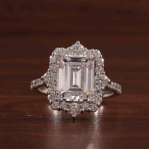 Solid White Gold Engagement Ring Emerald Cut Moissanite Ring for women Halo Art Deco Wedding Bridal Ring Handmade Ring Anniversary Gift