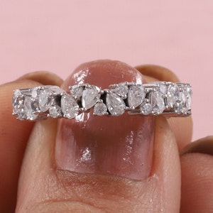 Pear and Round Moissanite Band Half  Eternity Band Vintage Style Stacking Ring Bridal Matching Band 14K Solid Gold Anniversary Band