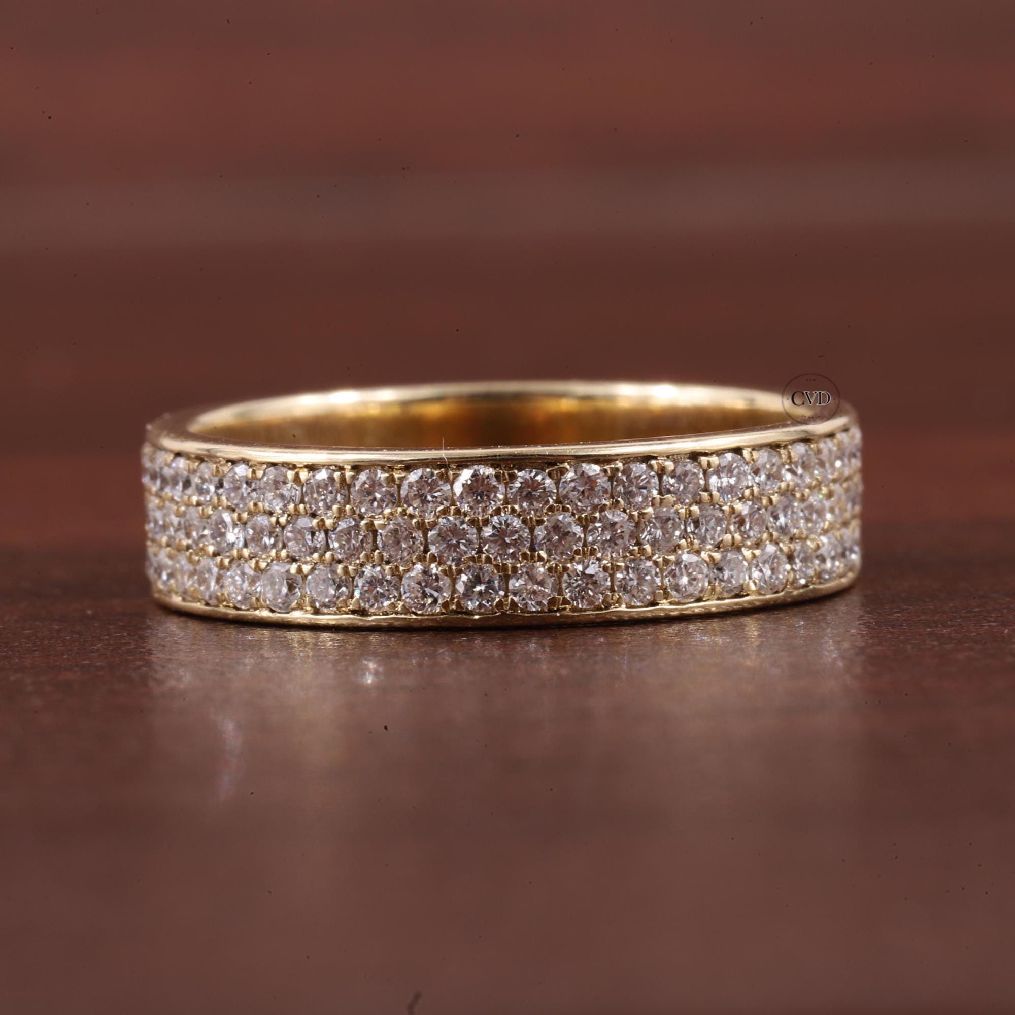 Lab Grown Pavé Wedding Band for Women, 3 Row Diamond Eternity Ring, 10K 14K Gold Anniversary Band, Wide Engagement ring, Valentines gift