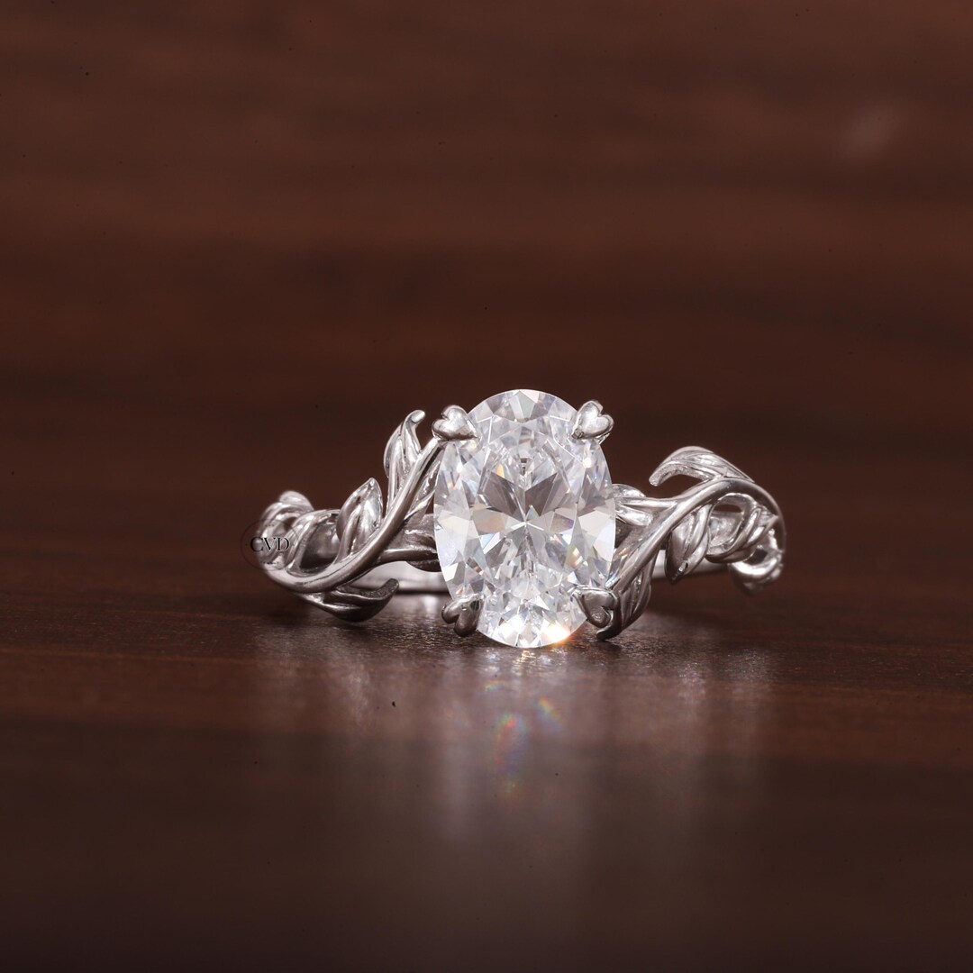 Oval Moissanite Engagement Ring, 14k Gold Leaf Solitaire Wedding Ring ...