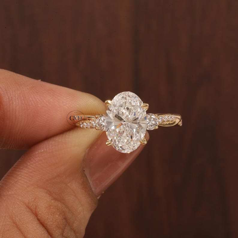 Twisted Oval Lab Grown Ring, Oval CVD Diamond Engagement Ring, Twisted Engagement Ring, Promise Ring, 10K Yellow Gold Ring For Women Gift image 10
