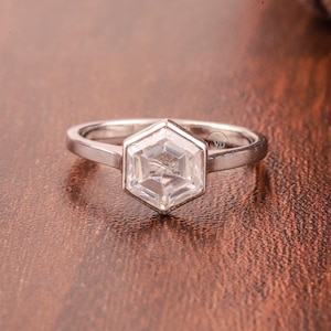 Hexagon Cut Lab Grown Full Bezel Wedding Ring, 18K Solid White Gold Solitaire Ring, One Diamond Ring, Anniversary Gift, Proposal Ring