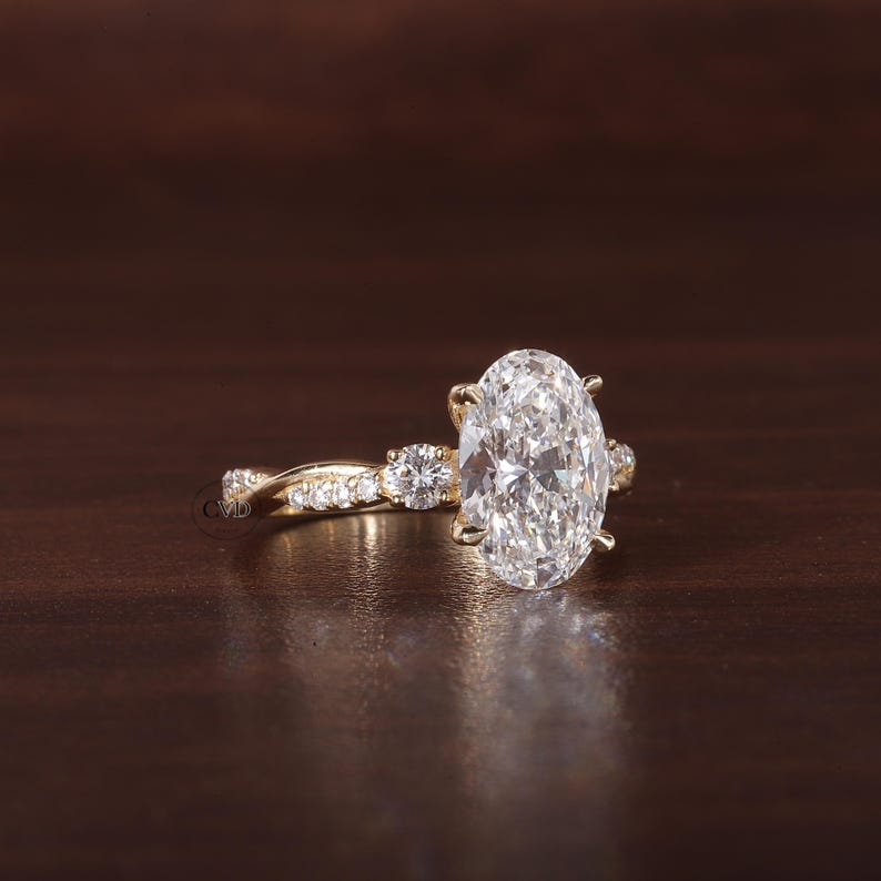 Twisted Oval Lab Grown Ring, Oval CVD Diamond Engagement Ring, Twisted Engagement Ring, Promise Ring, 10K Yellow Gold Ring For Women Gift image 5