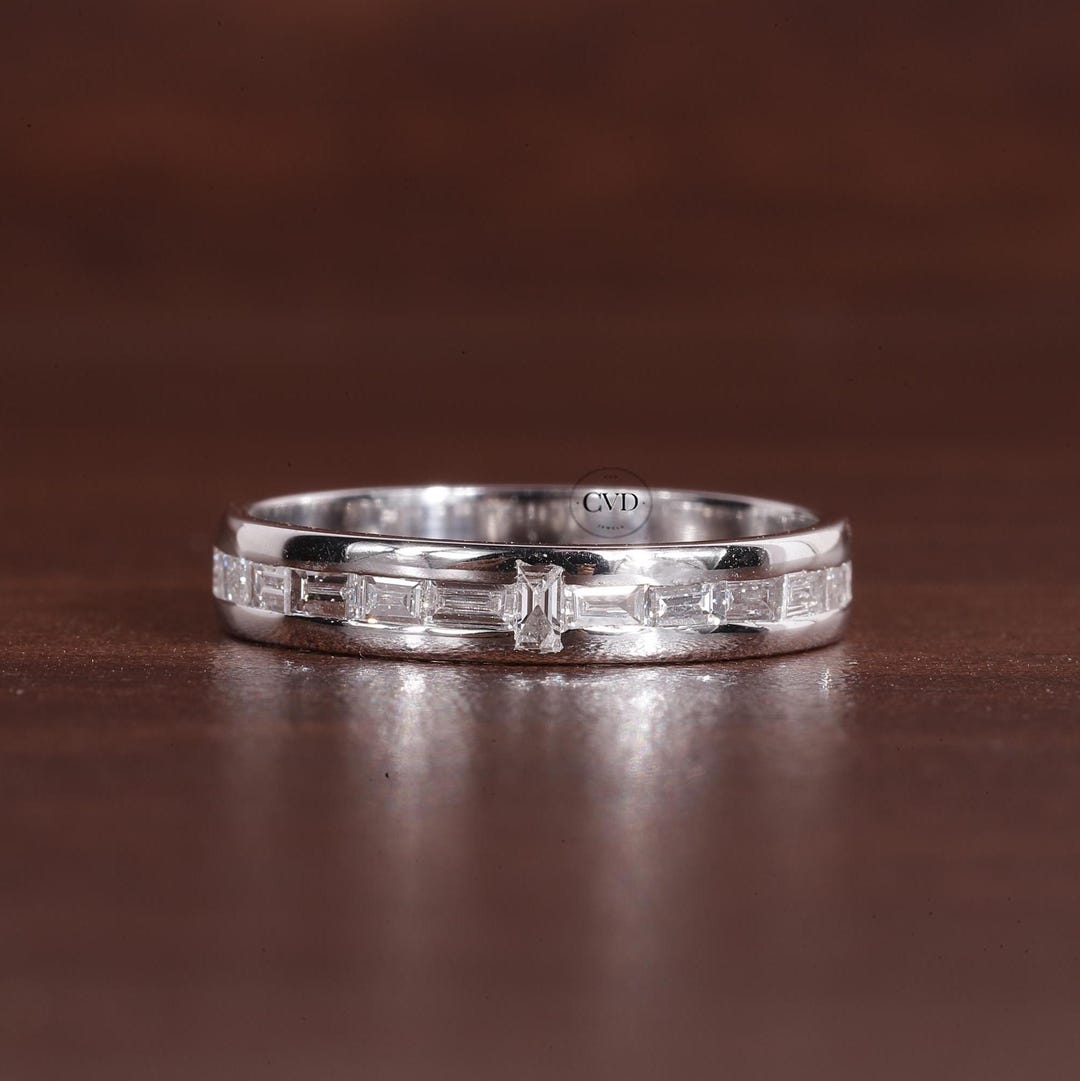 14k Solid Gold Baguette Lab Grown Diamond Wedding Band,solid Gold Dome ...