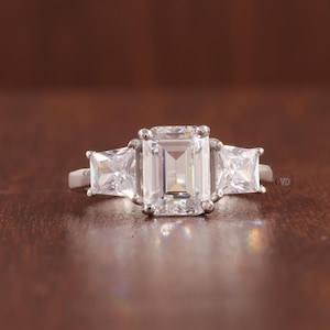 4 Carat IGI Certified F Color VS1 Clarity Emerald Cut Lab Diamond Engagement Ring, Three Stone Ring Side Trapezoid Diamonds 18k White Gold