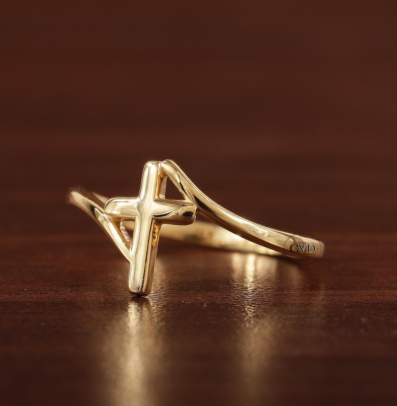 14K Solid Gold Ring Cross Religious Minimalist Dainty Christian
