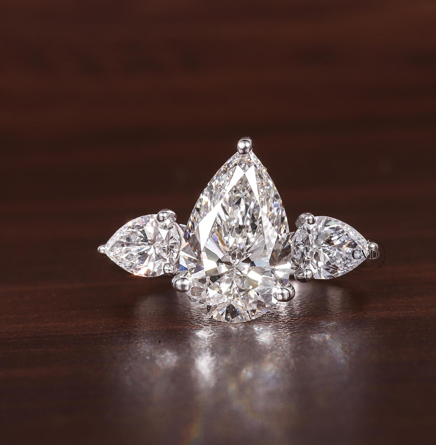 3 CT Pear Cut Moissanite Ring, Three Stone Pear Engagement Ring ...