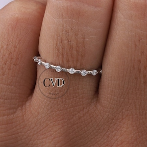 Round Cut Moissanite Wedding Band Petite Diamond Ring Half Eternity Band Dainty Handmade Ring Thin Distance Stacking Ring Bridal Ring Set