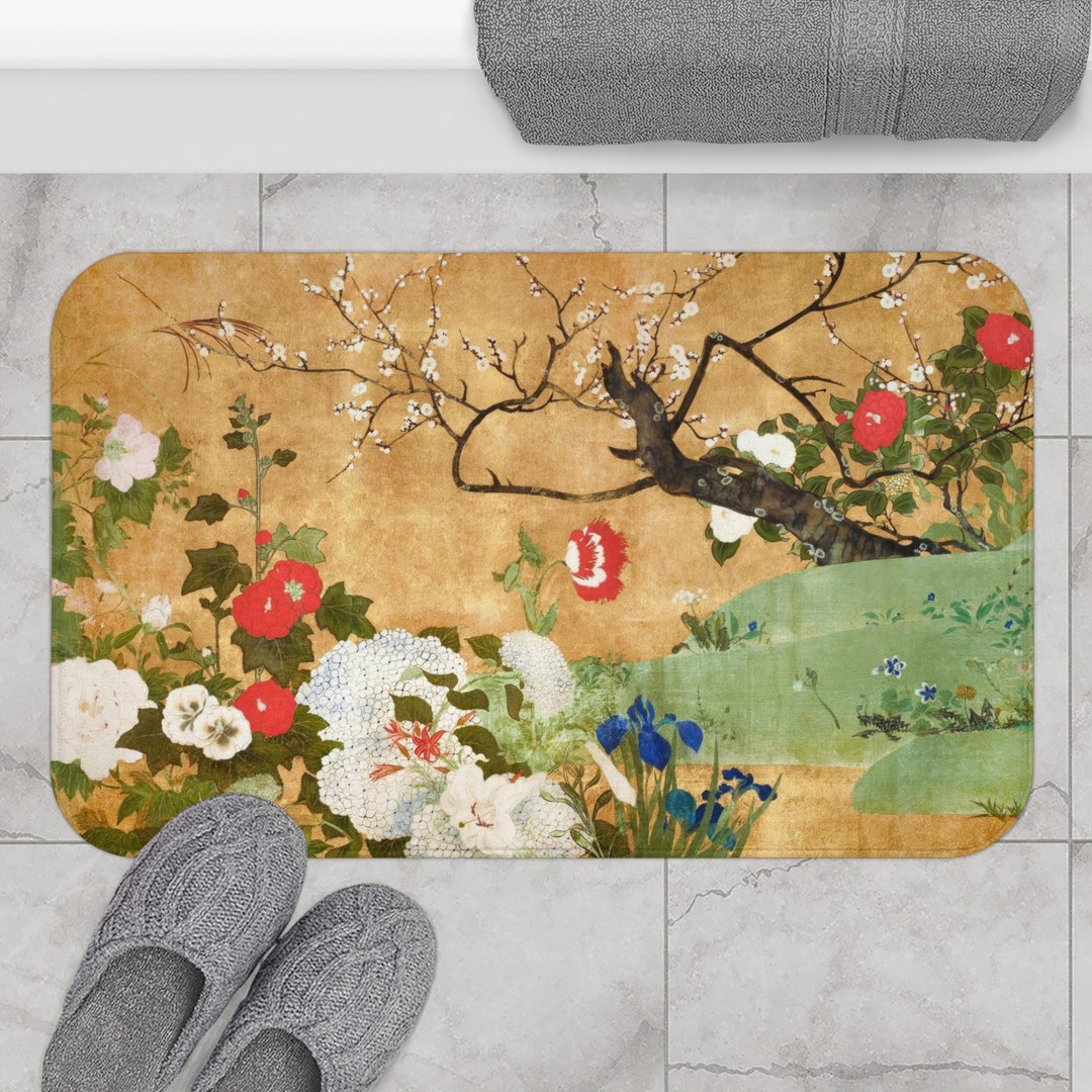 Vintage Japanese Bath Mat Floral Art Shower Mat Large Etsy