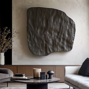 Hand Carved Wood Wall Art: Dark Textured Modern Sculpture