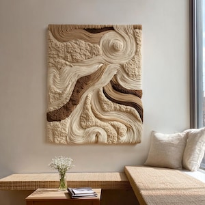 Arte de pared de fibra texturizada hecho a mano: tapiz bohemio tejido en 3D