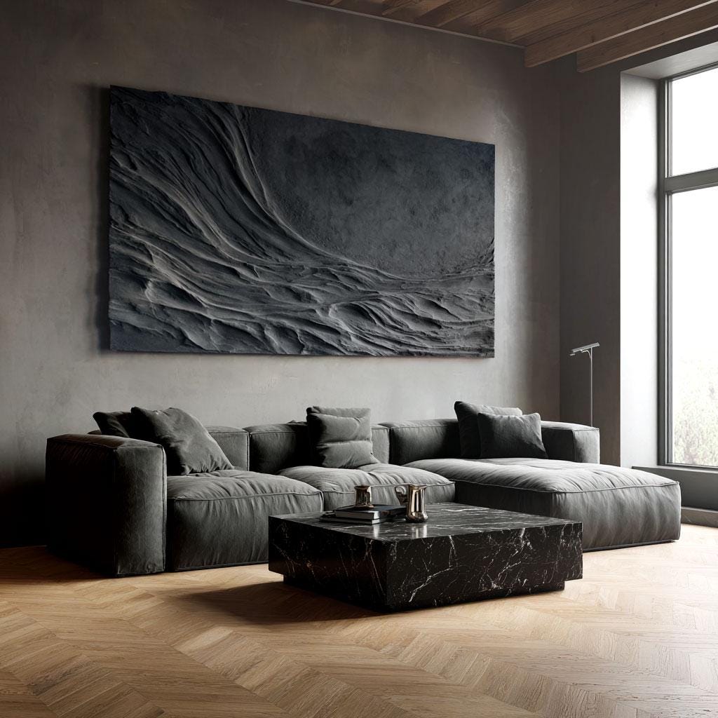 Extra Large Black 3D Wood Wall Art: Textured Abstract Wave Sculpture