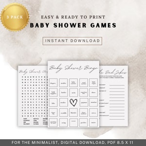 Minimalist Baby Shower Games, Beige Baby Games - Dad Jokes, Word Search, Bingo