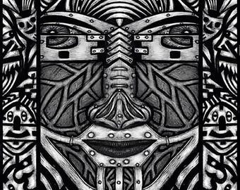 May include: Black and white illustration of a face with intricate geometric patterns and a mechanical design. The face has a serious expression with a closed mouth and a detailed, stylized nose.