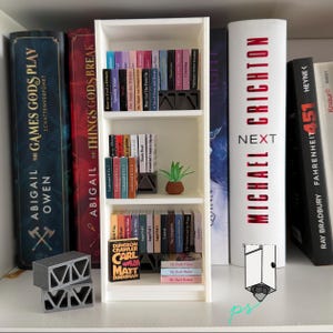 Könnte beinhalten: Ein Miniatur-weißes Bücherregal gefüllt mit winzigen Büchern in verschiedenen Farben. Die Bücher sind auf drei Regalen angeordnet, mit einer kleinen Topfpflanze und dekorativen grauen Blöcken. Die Bücher tragen Titel wie "Dungeon Crawler" und "Michael Crichton NEXT".