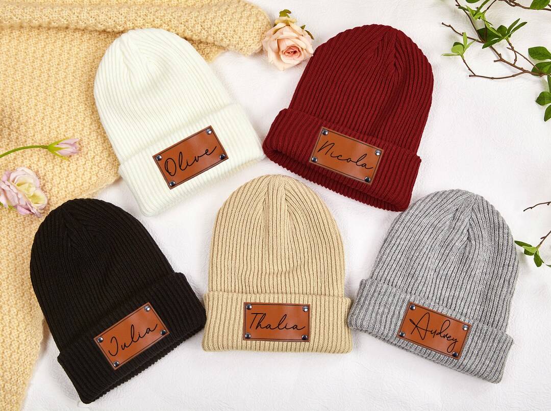 Beanie With Name, Knitted Hat, Leather Patch Beanies Personalized, Hand