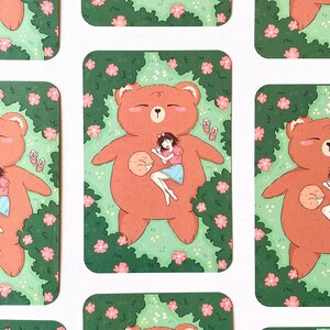 Girl and bear illustrated postcard pearlescent paper - Kawaii Style - For penpal, postcard swap, wall decoration or gift card