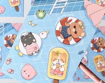 Swimming pool day illustrated postcard with cute characters - For penpal, postcard swap, room print decoration, gift card...