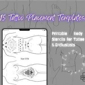 Puede incluir: Imagen digital que muestra una tableta con plantillas de colocación de tatuajes. El texto dice "15 Tattoo Placement Templates" y "Printable Body Part Stencils for Tattoo Artists & Enthusiasts." Hay contornos de partes del cuerpo en el fondo.