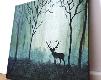 Peinture acrylique, Paysage forestier, Décor sur toile, Cerf dans la forêt