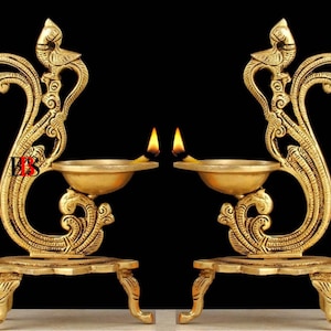 Diya Brass Peacock Hanging Bell Set of 2, Deepak Peacock Hanging Oil Lamp Pack of 2, Brass Diya Peacock with Table Standing, Home Decoration