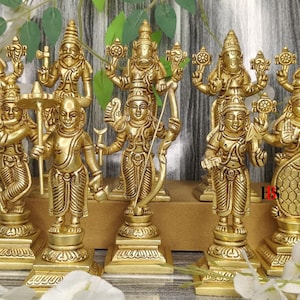 Brass Dashavatar Statue Set: Lord Vishnu Murti, Hindu Decor, 6 Inch