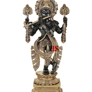 Krishna Brass Statue With Multicolor, Brass Krishna Idol, Chaturbhuj Venugopal Statue, Krishna Face Bust with 4 arms, Gift Item, Home Decor