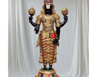 Large Brass Tirupati Balaji Statue with Turquoise Inlay (33 Inches)
