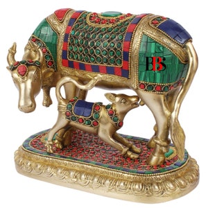 Brass Kamdhenu Cow Calf Brass Statue with Stonework, Brass Cow and Calf Idol Lucky Nandi Kamdhenu Cow & Calf Brass Sculpture Religious Decor