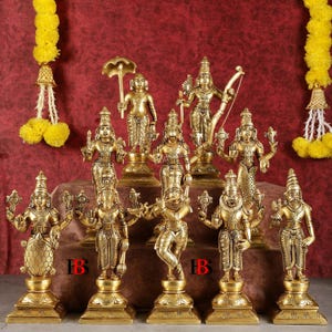 Brass Dashavatar Statue Set: Lord Vishnu Murti, Hindu Home Decor