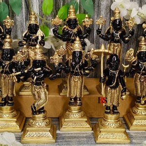Brass Dashavatar Statue Set: Lord Vishnu Murti, Hindu Home Decor