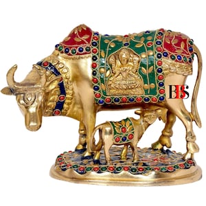 Brass Kamdhenu Cow Calf Brass Statue with Stonework, Brass Cow and Calf Idol Lucky Nandi Kamdhenu Cow & Calf Brass Sculpture Religious Decor