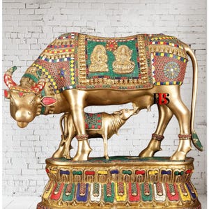 Kamdhenu Cow with Calf Brass Statue: Turquoise Inlay Home Decor