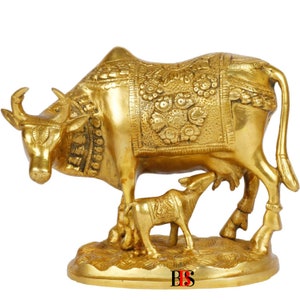 Kamdhenu Cow With Calf, Brass Statue, Home Decor Gift, Lucky Nandi Kamdhenu Cow & Calf Brass Sculpture Religious Kamdhenu Cow Statue