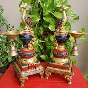 Diya Brass Peacock With Hanging Bell Set of 2, Deepak Peacock Standing Oil Lamp Set of 2, Diya Hanging Bell Table Decor, Deepak, Home Decor