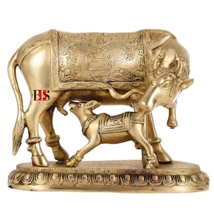 Brass Kamdhenu Cow Calf Statue, Brass Cow and Calf Idol, Lucky Nandi Kamdhenu Cow & Calf Brass, Sculpture, Religious, Gift Item, Home Decor