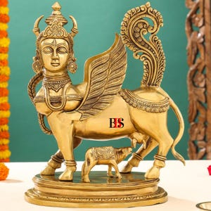 Brass Kamdhenu Cow & Calf Statue: Turquoise Inlay, Lucky Home Decor